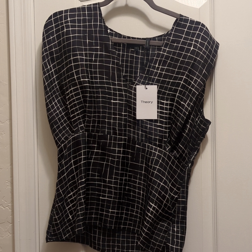 Theory Women Kimono Pleat Blouse Black White Grid 100% Silk Twill Top Large $295